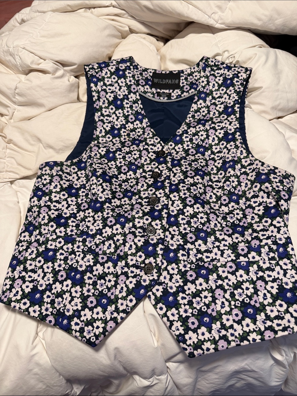 Wildfang Navy Floral Cotton Vest with White & Blue Flowers
